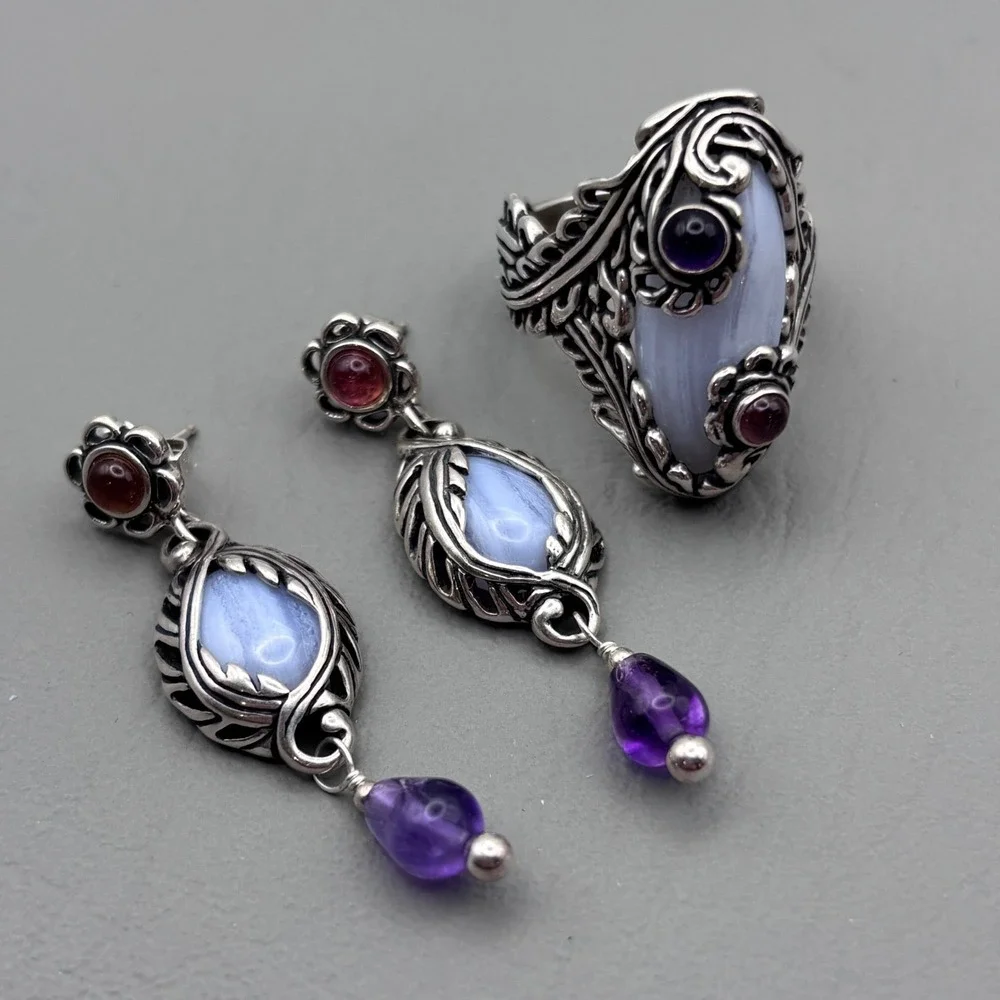 Vintage Carolyn Pollack Relios Ring & Earrings Sterling Blue Lace Agate Sz 9.25